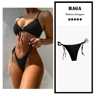 Quần bơi nữ quần bikini dây mảnh màu đen cotton bóng co giãn QB001