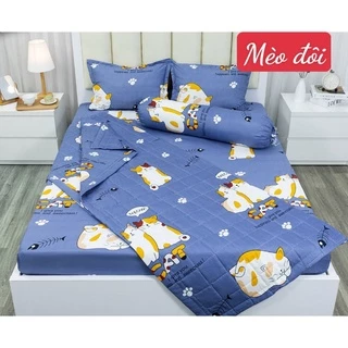 Ga trải giường Drap ga chun bọc đệm,vải cotton poly mẫu mèo đôi xanh