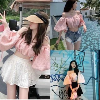 Áo trễ vai ullzang phong cách tiểu thư. Áo hở vai tay bồng basic.Shyncloset