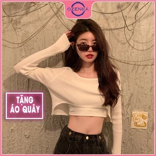 Áo thun croptop tay dài mỏng mặc hè OZENKA ,crt kiểu hàn quốc rộng khoét gấu gợi cảm mặc đi chơi đi học đen trắng