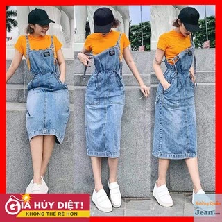 Yếm Váy Jeans Nữ Chất Bò Phối 2 Túi Trước Kèm Dây Rút Eo Mang Phong Cách Ulzzang Hàn Quốc - 425