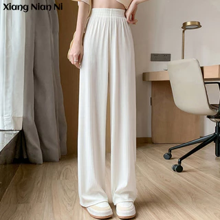 Xiang Nian Ni Quần Dài Vải Chiffon Lụa Lạnh Mỏng Lưng Cao Ống Rộng Dáng Suông Cá Tính Cho Nữ