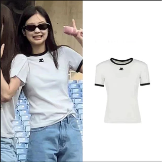 Courreges Blackpink Jennie Thời Trang Hàn Quốc Tay Ngắn Vai Trước Áo Thun Cotton Màu Sắc Tương Phản Cổ Tròn Slim Top