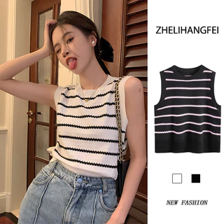 ZHELIHANGFEI Áo Sweater Không Tay Eo Cao Ôm Dáng Họa Tiết Kẻ Sọc Hot Girl