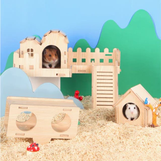 Elsabell. Nhà ngủ gỗ sang trọng cho hamster,Đồ chơi trốn tìm hai tầng bằng gỗ cho chuột hamster