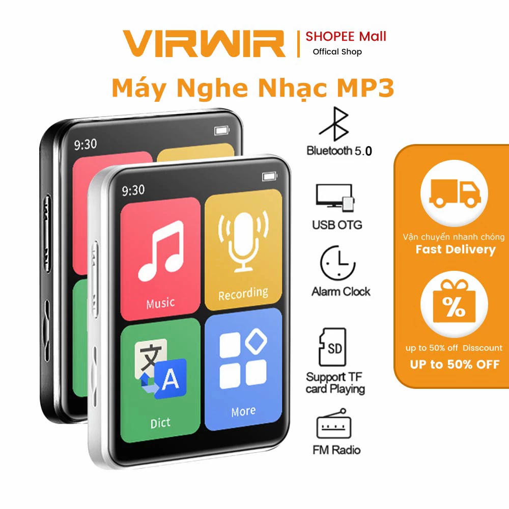 Máy nghe nhạc MP4 VIRWIR Bluetooth 5.0 màn hình cảm ứng có loa/ đài FM/ ghi âm/ E-book