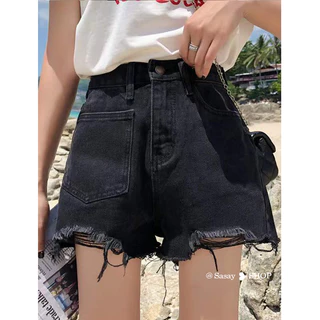 Quần short denim viền thô nữ mùa hè mới Spice Girl eo cao khoe ống rộng mỏng dáng rộng một từ cỡ lớn quần nóng thủy triều in mẫu mỏng