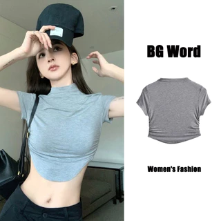 Áo Croptop Tay Ngắn Cổ Cao Màu Sắc Đơn Giản Cho Nữ