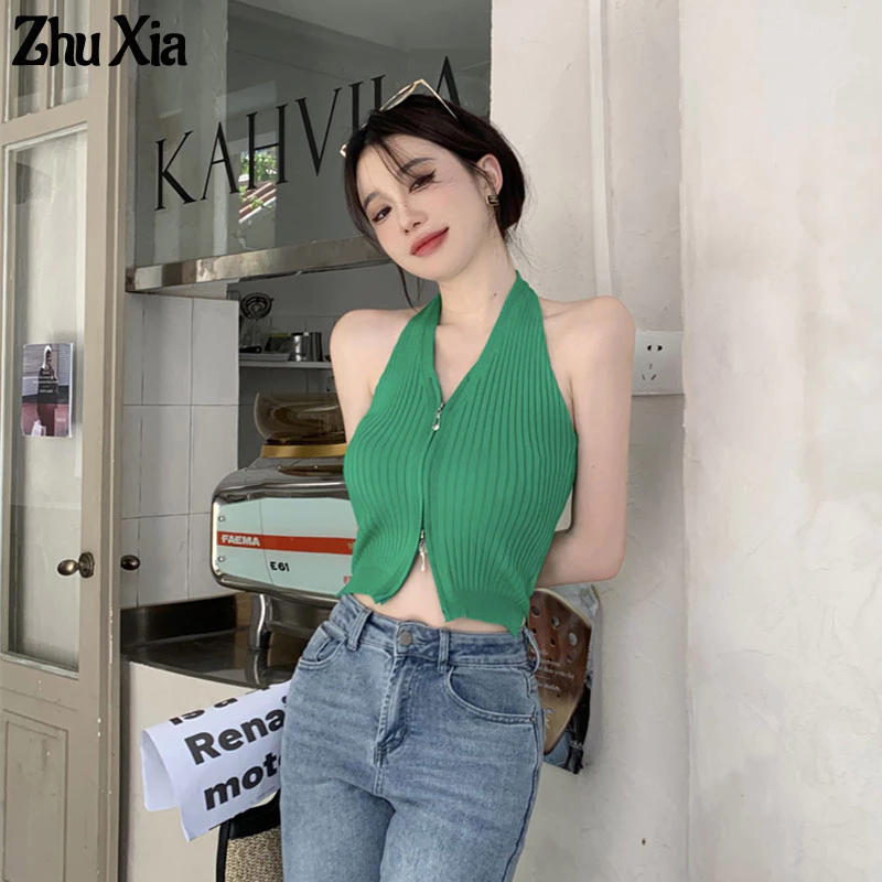 Áo cardigan ZHUXIA dệt kim cổ chữ V không tay có khóa kéo màu trơn thời trang mùa hè hàng mới 2023 dành cho bạn nữ