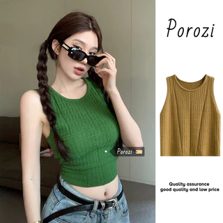 Porozi Áo croptop Dệt Kim Hai Dây Không Tay Phong Cách Pháp Thời Trang Cho Nữ