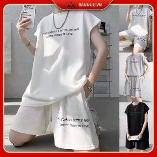 【M-5XL】Set Đồ Nam Cổ Tròn Màu Trơn Họa Tiết Đồ Bộ Nam Phong Cách Hàn Áo Thun Nam Ngắn Tay + Quần Short Nam