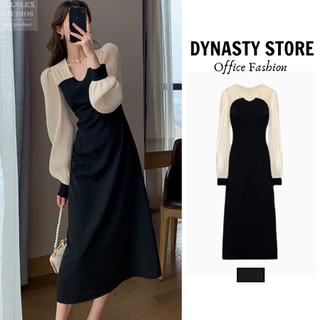 Đầm công sở DYNASTY STORE dáng dài, phong cách retro, nhẹ nhàng, đơn giản, váy tay phồng màu sắc tương phản đẹp mắt dành cho nữ