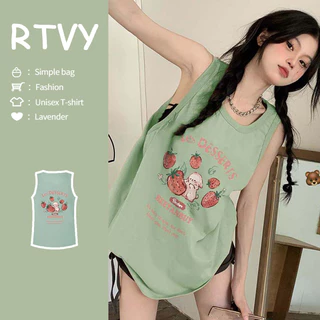 【RTVY】Áo tank top Tay Ngắn Cổ Tròn Dáng Rộng In Họa Tiết Màu Trắng Đen Thời Trang Cho Nam Và Nữ