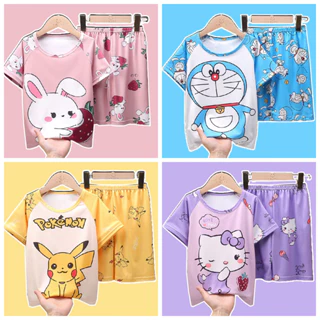 Bộ Đồ Ngủ Ngắn Tay Cổ Tròn Thoáng Khí In Hoạt Hình Hello Kitty Phong Cách Hàn Quốc Cho Bé Gái