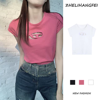 ZHELIHANGFEI Áo Thun Croptop Tay Ngắn In Chữ Thiết Kế Khoét Lỗ Thời Trang Cá Tính Cho Nữ