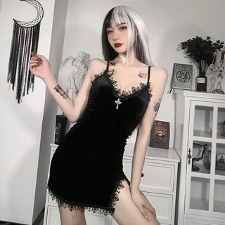 Dây đeo Spaghetti gợi cảm Váy xẻ eo cao Goth Party Club Váy nữ