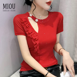 Miou Mùa Hè 2023 Mới Slim Fit Và Thiết Kế Mỏng Sense Thời Trang Nút Tắt Vai Lưới Áo Thun Nữ Tay Ngắn Xù Top Nữ