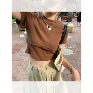 Ethelgirl All Match Slim Fit Cổ Tròn Tay Ngắn Nữ Đóng Crop top