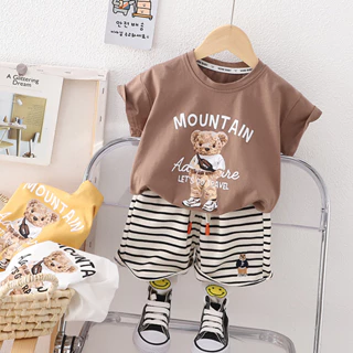 Set Áo Thun Tay Ngắn Cổ Tròn + Quần Short Cotton Họa Tiết Kẻ Sọc Thời Trang Mùa Hè Kích Thước 80-120cm Hàng Mới Dành Cho Bé