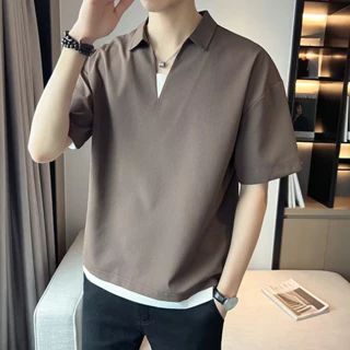 Mùa Hè Cổ Chữ V Giả Hai Mảnh Áo Sơ Mi Polo Nam Niche Thiết Kế Nửa Tay Nam Dạo Phố Áo Thun Giữa Tay Ice Silk Polo Áo Sơ Mi Giả Hai Mảnh Quần Áo Hợp Thời Trang