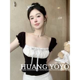 HUANG YOYO Áo Croptop Tay Ngắn Cổ Vuông Dáng Ôm Thời Trang Mùa Hè Quyến Rũ Cho Nữ