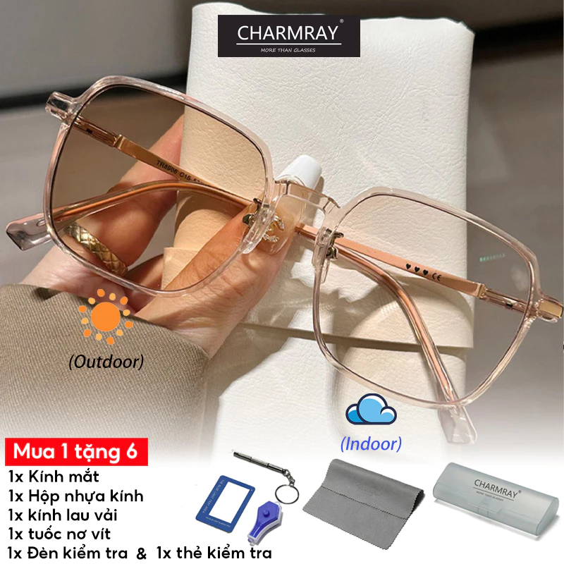CHARMRAY Kính Gọng Vuông Chống Bức Xạ TR90 kính đổi màu Cho Nam Nữ Có Độ 0-4.0 độ
