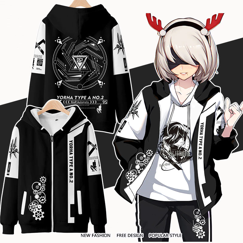 Anime mới NieR: Áo Hoodie có dây kéo Automata Thời trang nam Nhật Bản dành cho nữ dáng rộng ❥ ❈ Áo len in hình Unisex Áo khoác dài tay có mũ trùm đầu Top Cosplay