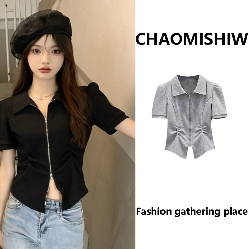 Áo Thun Croptop Dệt Kim Tay Ngắn Dáng Ôm Có Khóa Kéo Thời Trang Mùa Hè Xinh Xắn Cho Nữ