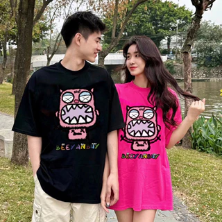 Áo thun IHKKE 100% cotton tay ngắn in họa tiết quái vật phong cách Hàn Quốc thời trang cho cặp đôi oversize