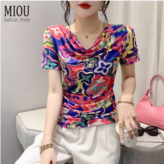 Miou Mùa Hè 2023 Mới In Hình Áo Thun Nữ Tay Ngắn Slim Fit Xếp Ly Xoay Cổ Nữ Hợp Thời Trang Slim Đáy Áo Sơ Mi Co Giãn Lưới Top