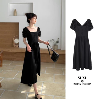 Suxi Mùa Hè Nữ Đen Midi Đầm Tay Ngắn Slim Fit Vintage Đầm ôm