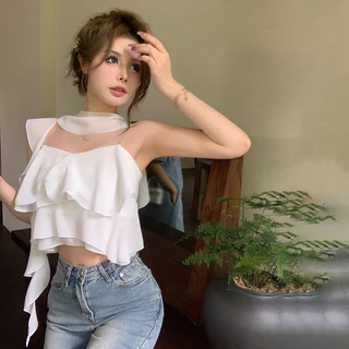 Áo Crop Top Không Tay Cổ Yếm Nhún Bèo Chất Liệu Chiffon Màu Sắc Đơn Giản Dành Cho Nữ