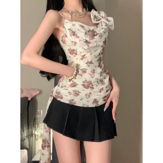 Porozi Áo croptop Hai Dây Thắt Nơ Họa Tiết Hoa Phong Cách Retro Hàn Quốc