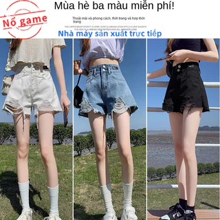 Quần short jean với hai nút Denim Rách Ống Rộng Lưng Cao Thời Trang Dành Cho Nữ Quần short xì gà đen Quần short da trắng quần jean đen ngắn quần jean trắng ngắn quần jean ngắn nữ quần short cạp cao quần đùi rách nữ quần sho