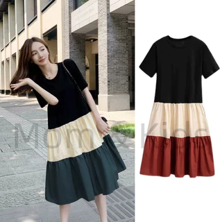 Mom&Kids Đầm Bầu Dài Qua Gối Tay Ngắn Màu Tương Phản Thời Trang Mùa Hè Size M-3XL