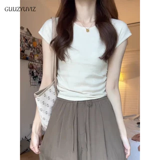 Áo Thun Crop Top Tay Ngắn Cổ Tròn Màu Trơn Thời Trang Mùa Hè Phong Cách Hàn Quốc Cho Nữ