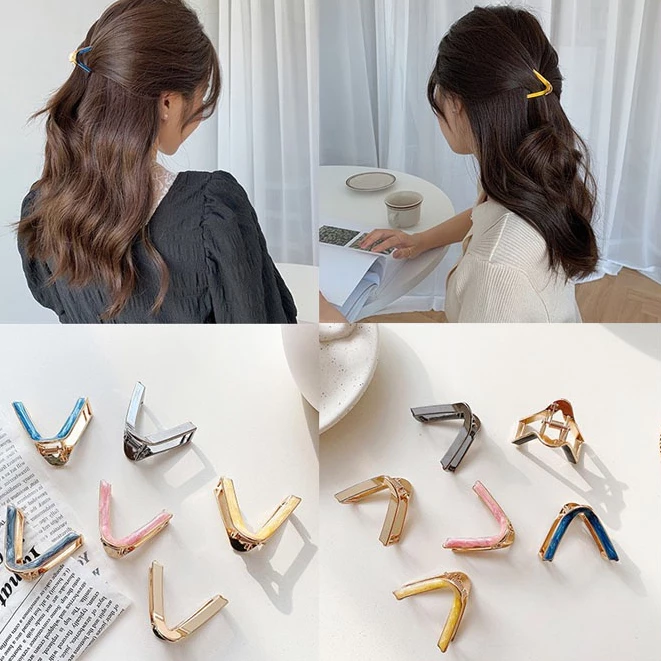 Kẹp tóc hình chữ V bằng kim loại nhiều màu sắc tinh tế phong cách Hàn Quốc thời trang cho nữ