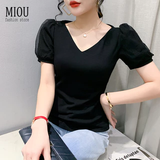 Miou2023 Mùa Hè Mới Cổ Chữ V Thời Trang Slim Fit Xù Bong Bóng Tay Ngắn Cotton Nguyên Chất Áo Thun Nữ Xu Hướng