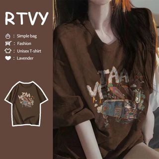 [Giao hàng trong 2 ngày]【RTVY】Áo Thun unisex Cổ Tròn Ngắn Tay In Hình Trắng Đen