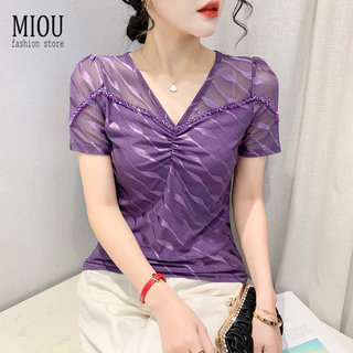 Miou Mùa Hè 2023 Mới Hàn Quốc Áo Thun Nữ Tay Ngắn Thời Trang Han Fan Slim Fit Slim Đáy Áo Sơ Mi Hợp Thời Trang Mối Nối Đính Hạt Cổ Chữ V Lưới Top