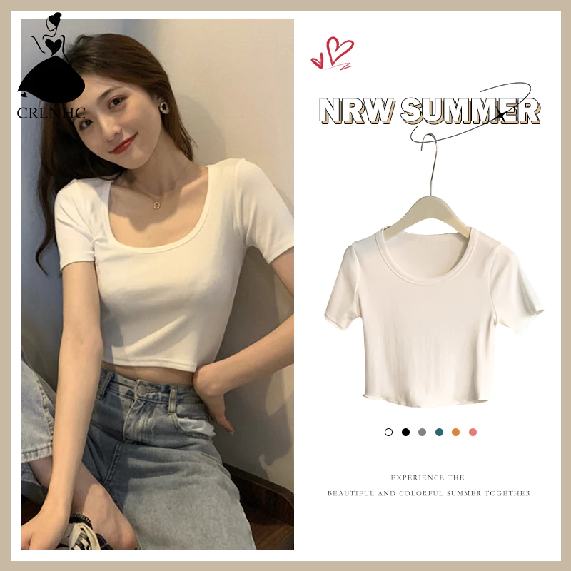 CRLNHC Áo Thun Crop Top Tay Ngắn Cổ Vuông Màu Trơn Thời Trang Mùa Hè Cho Nữ