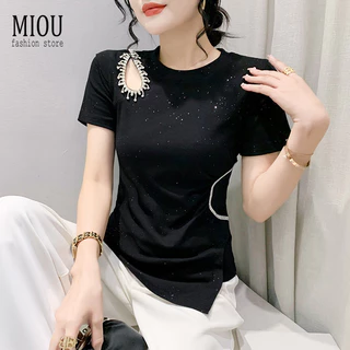 Miou Mùa Hè 2023 Mới Cổ Tròn Rỗng Ra Top Với Kim Cương Quấn Eo Chia Tay Ngắn Chắc Chắn Áo Thun Nữ Thời Trang Phù Hợp Với Lớp Lót Xu Hướng Thời Trang