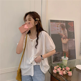 Áo chiffon BH tay phồng màu trơn dáng rộng phong cách Hàn Quốc