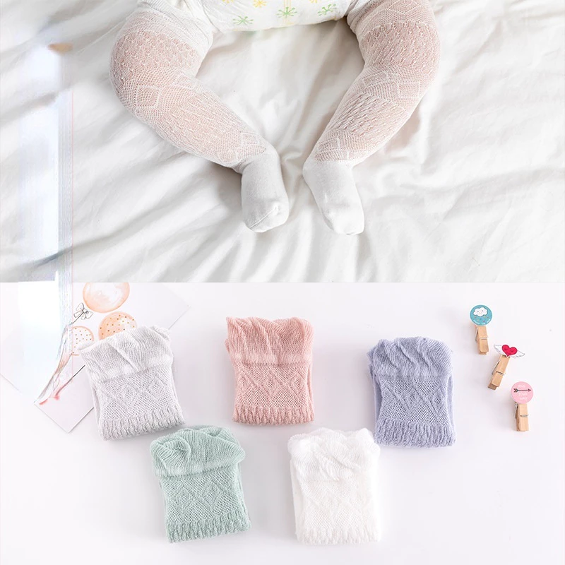 Vớ Cotton Mềm Mỏng Cao Qua Gối Phối Lưới Thoáng Khí Màu Trơn Dành Cho Trẻ Sơ Sinh