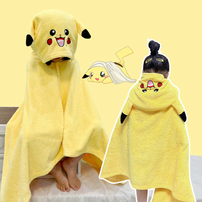 Áo Choàng Tắm Liền Thân Vải Flannel Lông Xù Kiểu Hoạt Hình Pikachu Đáng Yêu Thấm Hút Tốt Cho Bé