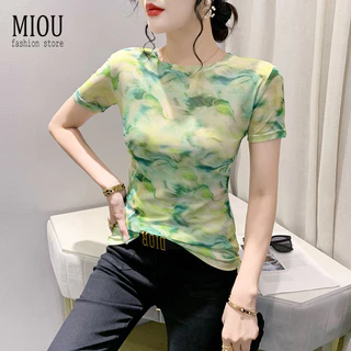 Miou Mùa Hè 2023 Mới Phiên Bản Hàn Quốc Matcha Xanh In Áo Thun Nữ Halo Nhuộm Lưới Cổ Tròn Slim Fit Áo Chui Đầu