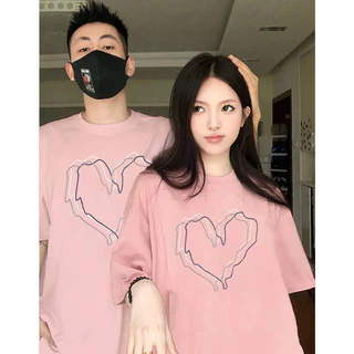 Áo thun unisex IHKKE oversize ngắn tay in họa tiết trái tim xinh xắn