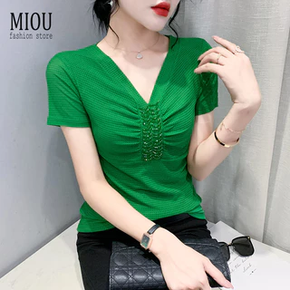 Miou Mùa Hè 2023 Thiết Kế Mới Sense Nhỏ Cổ Chữ V Đính Hạt Áo Thun Nữ Slim Fit Đa Năng Xanh Cổ Chữ V Top 3XL