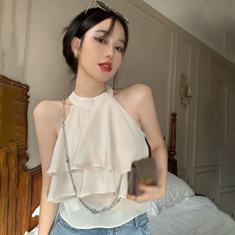 Áo Hai Dây Phối Bèo Màu Trơn Phong Cách Vintage Đầu bể Halter Thời Trang Cho Nữ