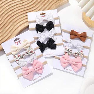 KIDSBOWS Set 4 băng đô thun bé gái đính nơ ren vải nhiều màu sắc phong cách mới